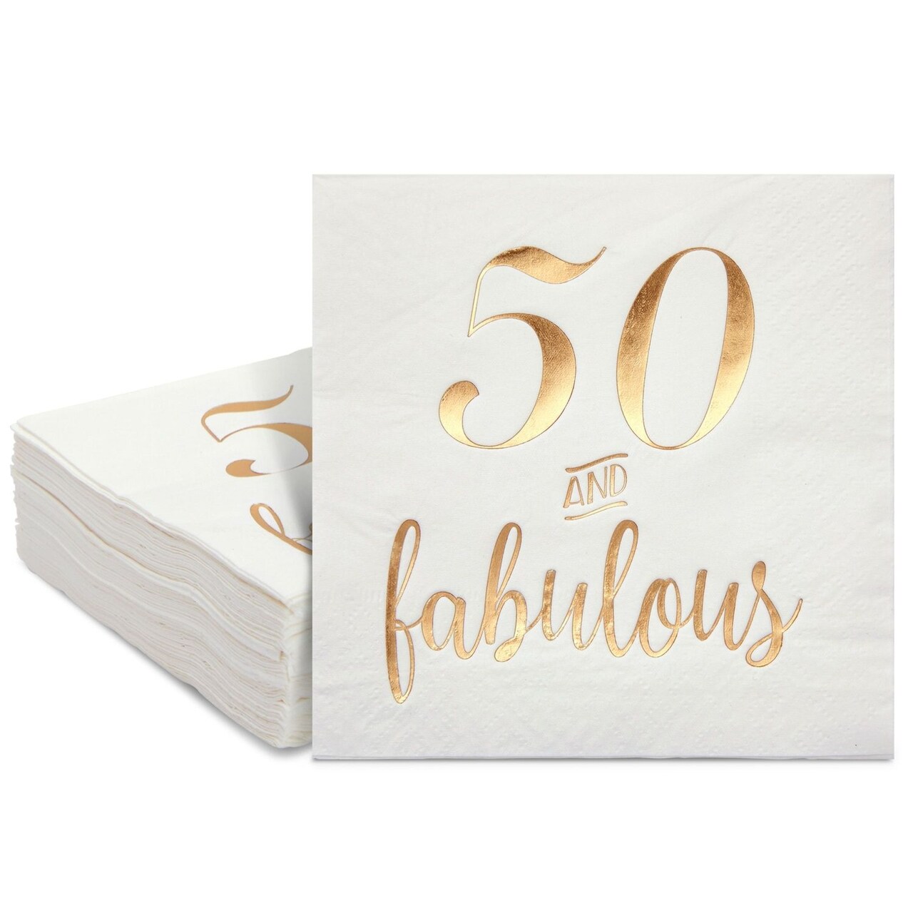 50 Pack White 50th Birthday Napkins, Gold Foil 50 and Fabulous Party Supplies (5x5 In)